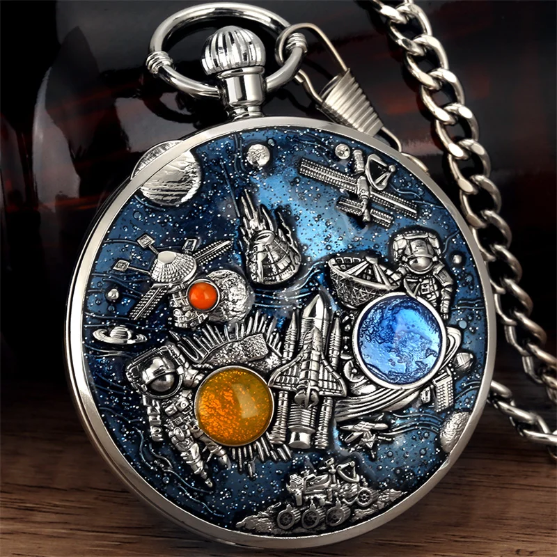 Steampunk-Stil Weltraum-Astronaut Musikalische Quarz-Taschenuhr mit Melodie aus dem Film „Castle in the Sky“, neuartige Zeitmesser mit Anhängerkette – Detail 1