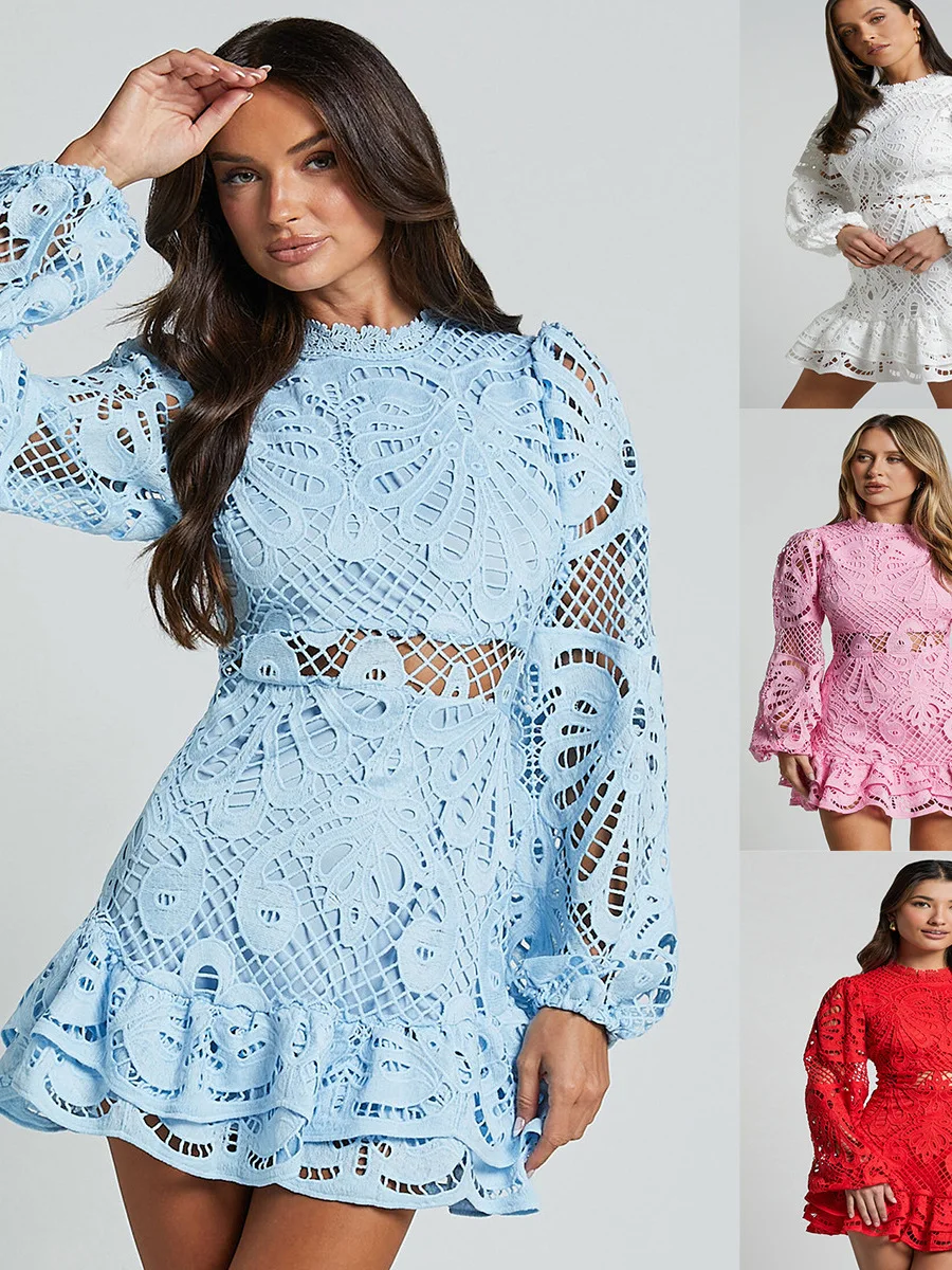 تنورة نسائية من الدانتيل بخصر مجوف طويل من Sve ort بتصميم مجوف عتيق تنورة كلاسيكية للربيع والصيف والخريف على شكل حرف a