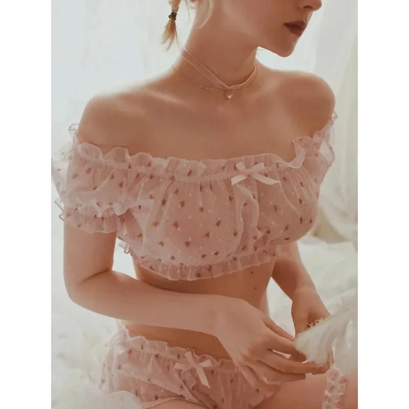 여성 쉬어 스타 울트라 얇은 거즈 프릴 오프 숄더 슬리브 탑 반바지 레그 링 속옷 세트 유혹 섹시한 잠옷