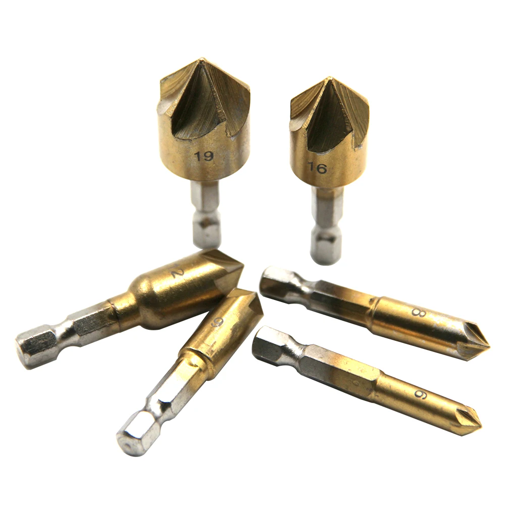 1/4 "Hex 6 Buah 12Mm 16Mm 19Mm Manik Bor Countersink Pendeburan Chamfering 5 Flute 82 Derajat Set untuk Bit Countersink Perubahan Cepat Kayu