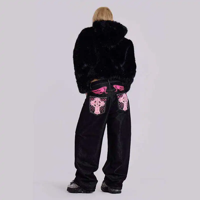 2025 Fashion Retro Wings Cross Men Women Straight Leg Wide Leg Jeans Low Waist Drawstring Other Fabric Men's Clothing