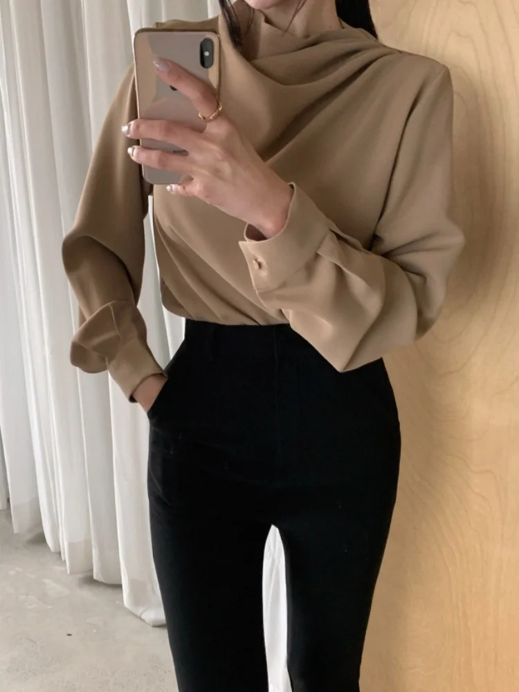 Ele Chic Pure Color Long Sve Round Ne Loose Damen Irt Casual Vielseitiges Frühlingsfaion Top Quali Polyester