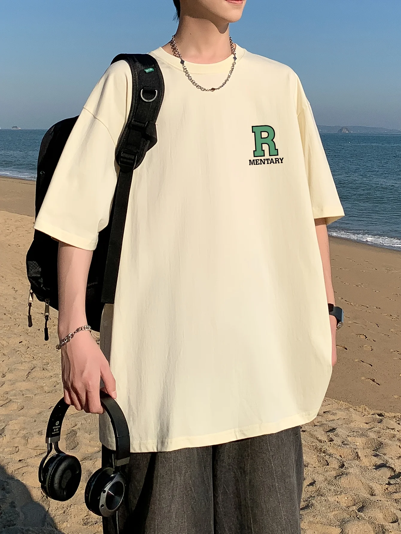 حار بيع جديد الصيف الرجال رأس المال رسالة مطبوعة مريحة وتنفس جولة الرقبة تي شيرت في الهواء الطلق الشارع الاتجاه الأعلى #5