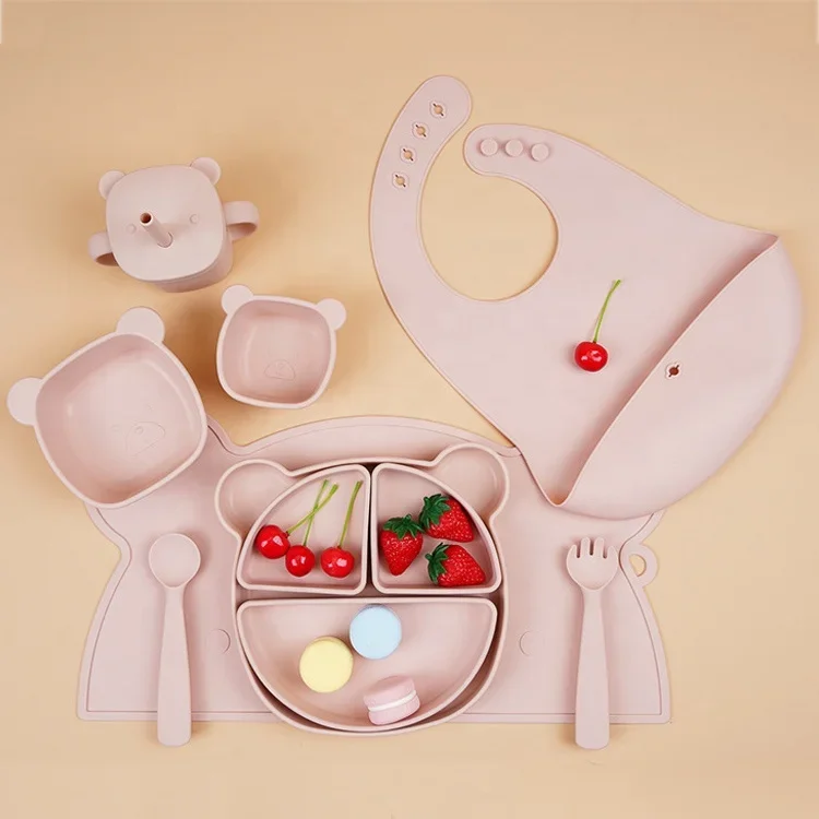 Wholesales Baby Feeding Products Animals Shape Silicone BPA Free Kids Bibs Placemat Cup Spoon Fork Baby Feeding Set