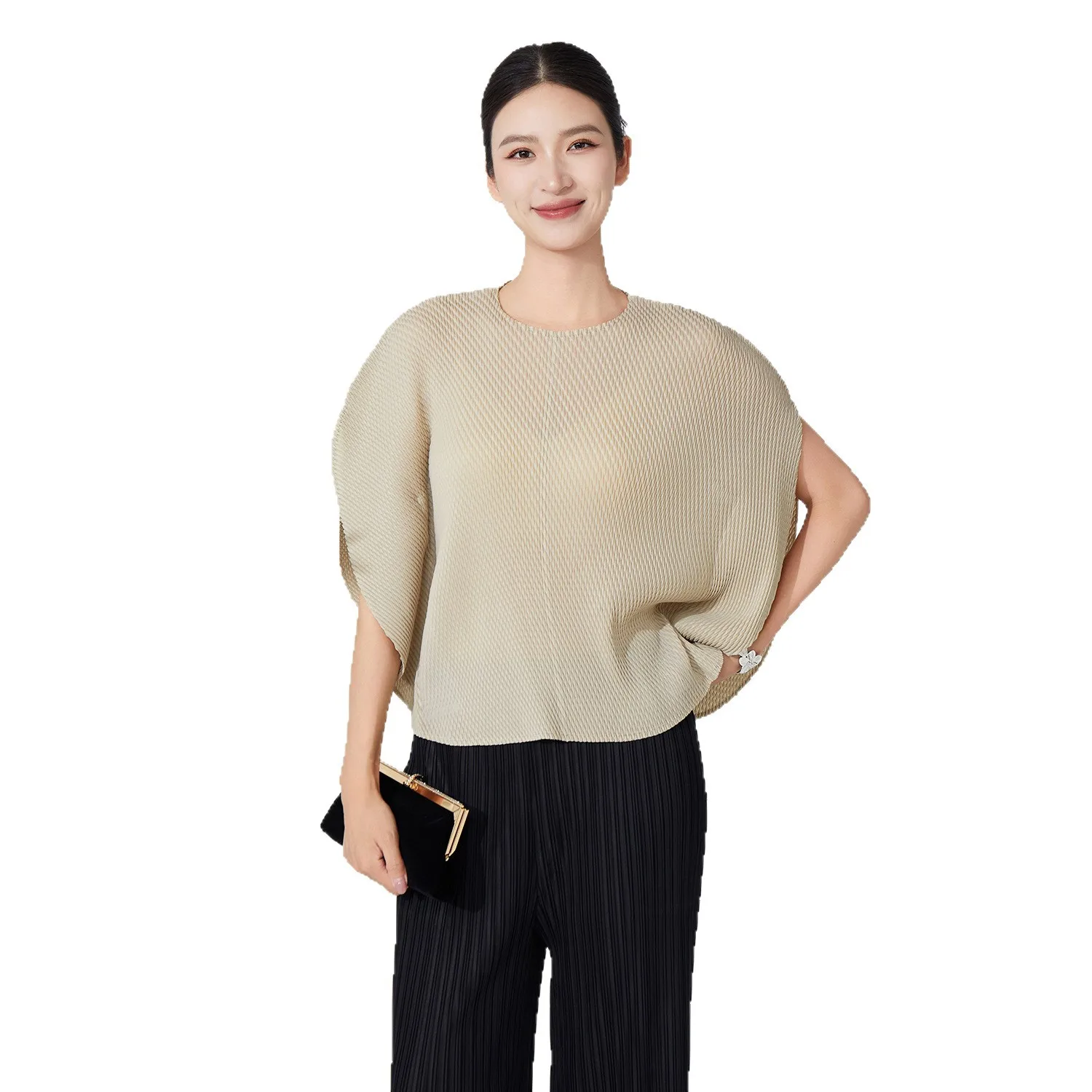 Plisowana damska koszulka T-shirt Jednolity kolor Okrągły dekolt Nieregularny krój Luźna Elastyczna Codzienna Elegancka Damska Bluzka Nowość Lato 2025