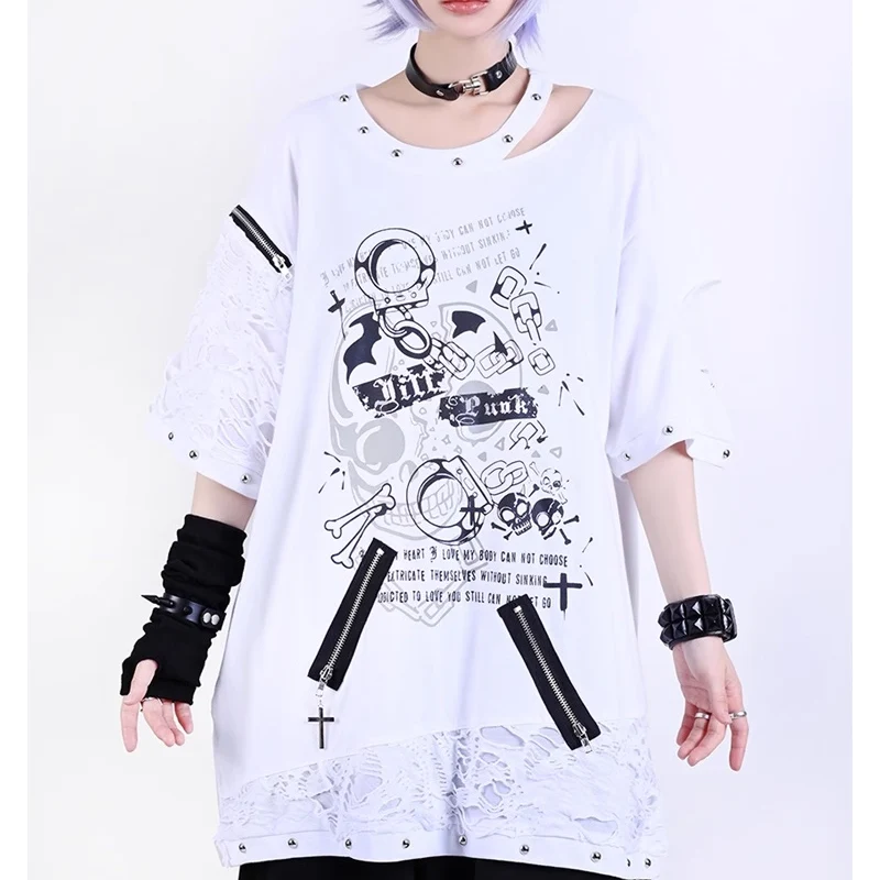 2024 Summer Japanese Neutral Punk Hollow White Short Sleeved long Women's T-shirt Zipper Rivet Cartoon Pattern Men's T-shirt