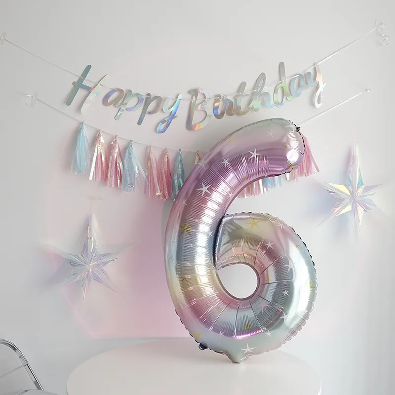40inch Star Sky Gradient Digital Foil Balloon Rainbow Number 0-9 Helium Balloons Baby Shower First Birthday Party Decoration