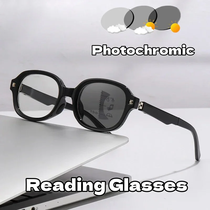 

2025 Anti Blue Light Portable Folding Presbyopia Glasses Multifocal Photosensitive Color Changing Oval Frame Reading Glasses