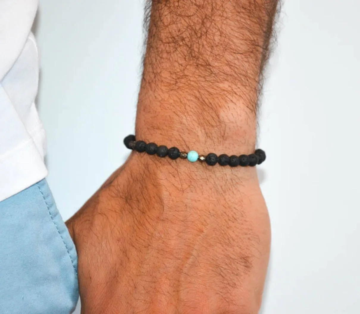 Black Lava  Turquoise or Hematite Mens Gift Mens Beaded Bracelet