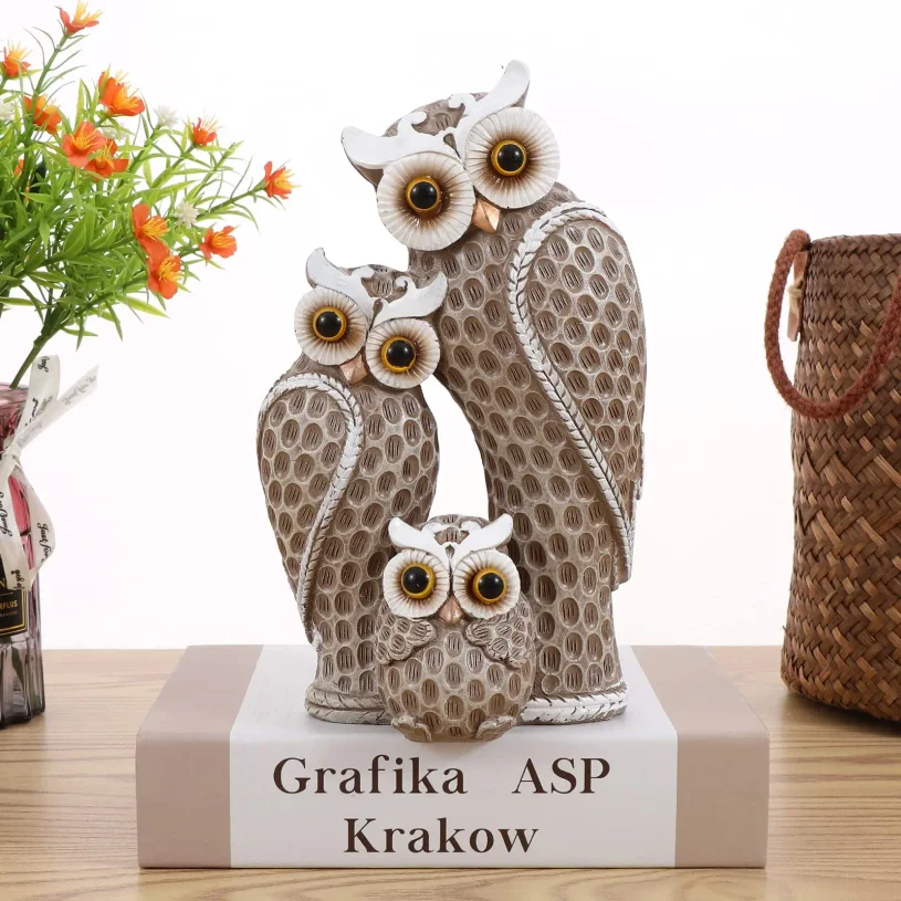 Cute Three Owl Statues Family Home Decor Owl Statues on Shelves Owl Decor for Owl Lovers view 2