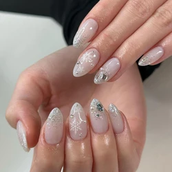 24Pcs French Glitter Christmas Press on Nail Snowflake Glitter Diamond Nude Color False Nails for Women&Girl Removable Nail