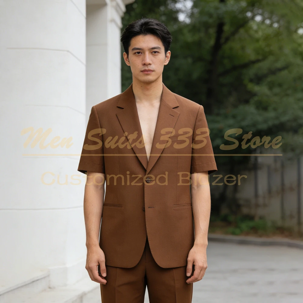 

Bespoke Men's Suits Solid Color Short Sleeve Regular Fit 2 Piece Jacket Pants Sets Eleagnt Summer Blazer Costume Homme