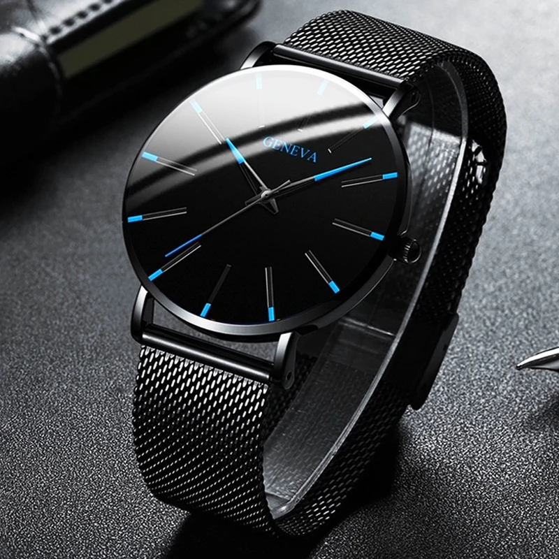 Geneva Men Ultra Thin Quartz Watch Black Dial Blue Marker Milan Mesh Strap Business Casual Male Wristwatch