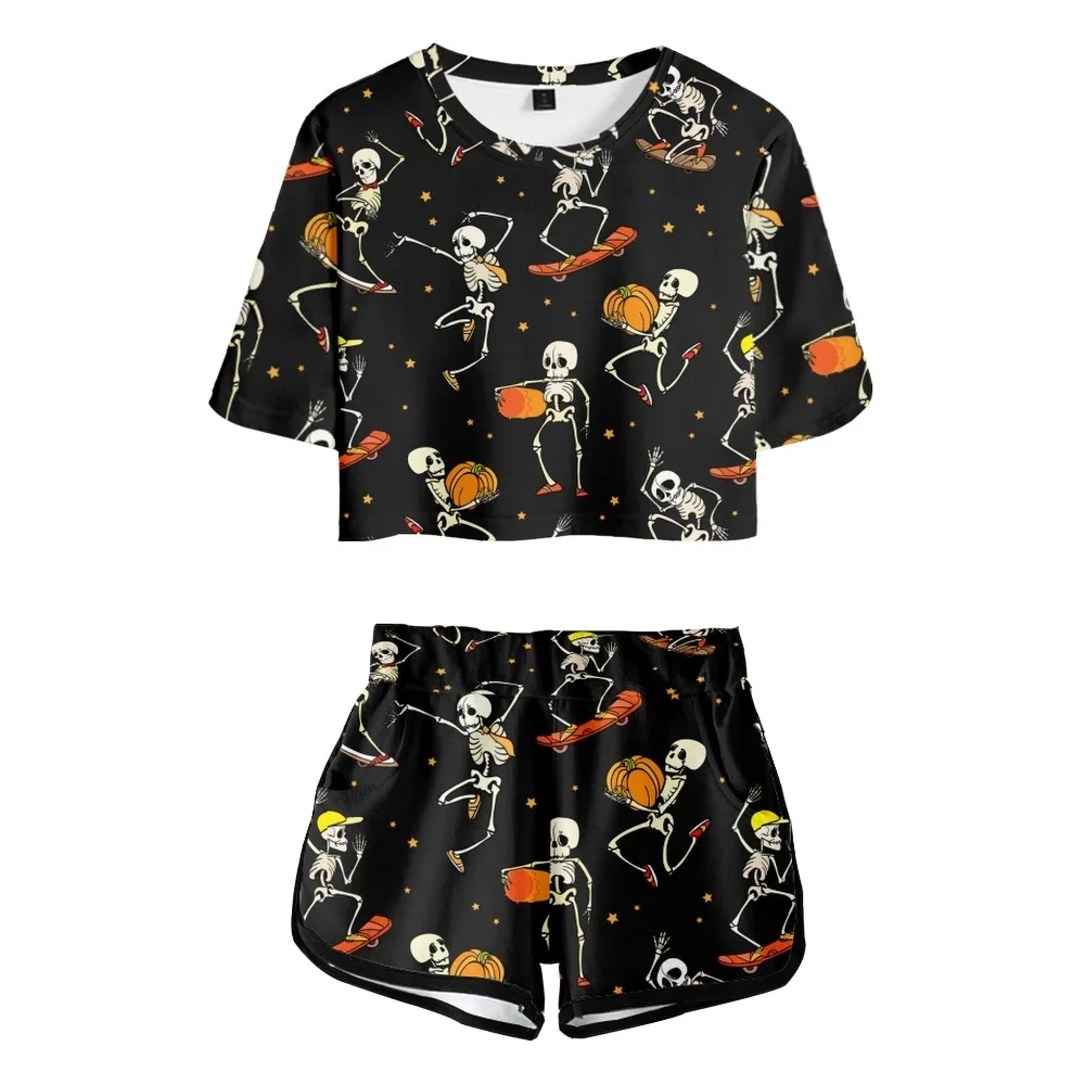 

Dancing Skeleton printed short navel short-sleeved T-shirt men and women casual two-piece pajamas