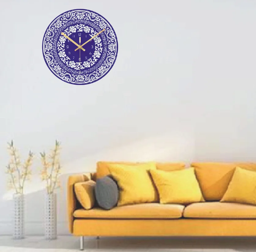 Supporto per orologio in vetro porcellanato blu e bianco con semplicità personalizzata e orologio da parete artistico colorato