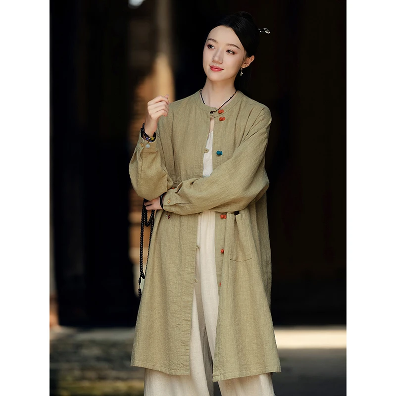 芸術スタイル春の新作女性ルーズ長袖 O ネックブラウスカジュアル良質ヴィンテージコットンリネンシングルブレストシャツ Y205