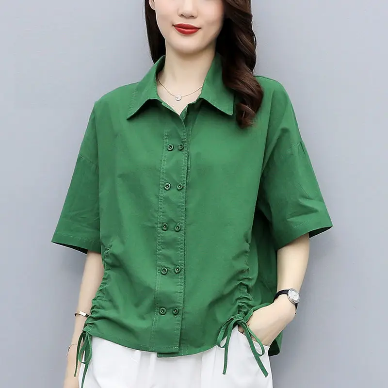 2023 Summer New Short Sleeve Fashion Cotton Shirt for Women Loose Lapel Pleated Casual Blouse Solid Color Button Vintage Tops