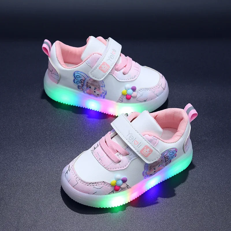 Spring New Children\'s Sports Shoes Leather Cartoon LED Illuminated Children\'s Sneakers Girls\' Casual Shoes 1-6 Years Old