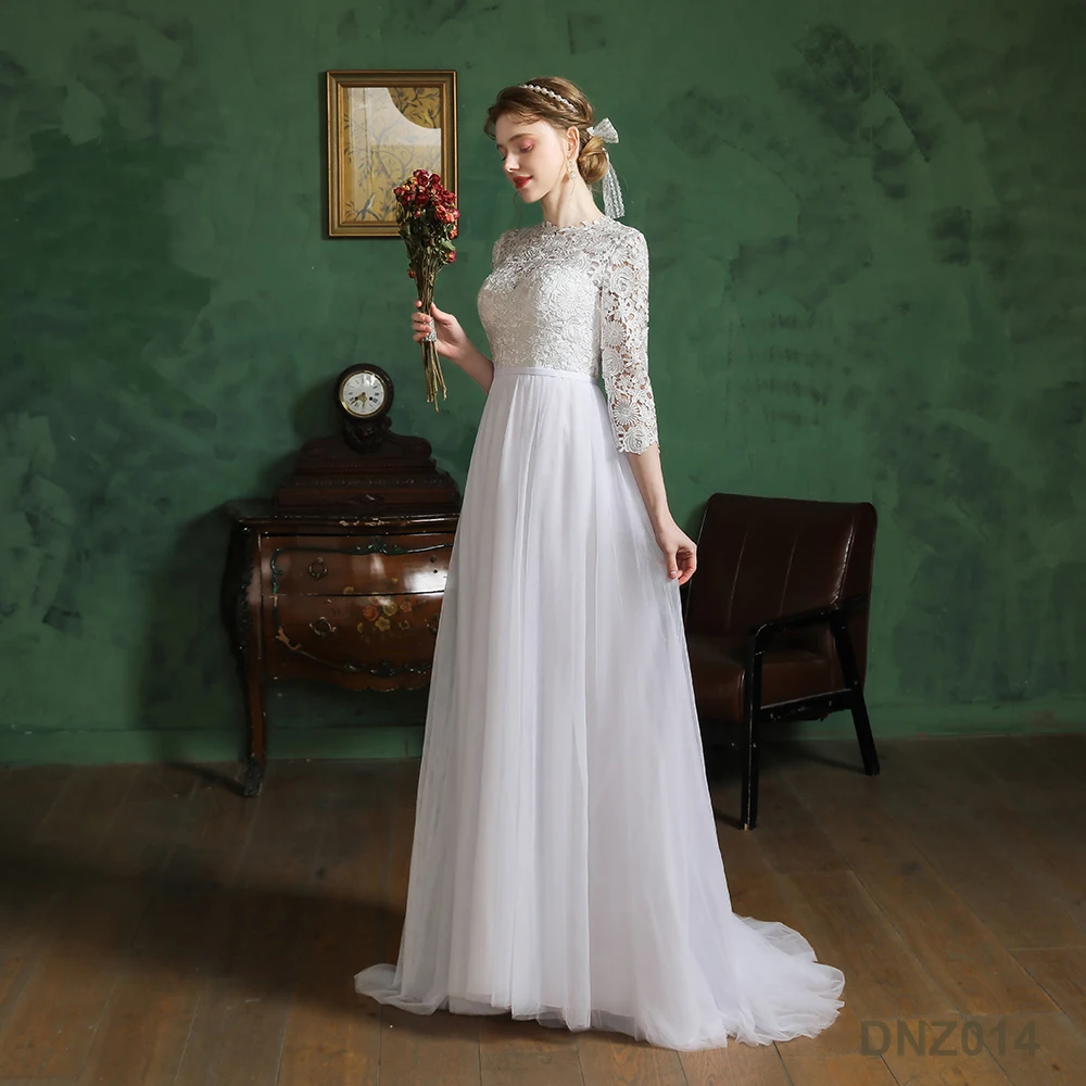 3/4 Sleeves A-Line Girls Lace Appliue Elegant White Simple O-Neck  Civil Bridal Gown Wedding Dress for Women Bride