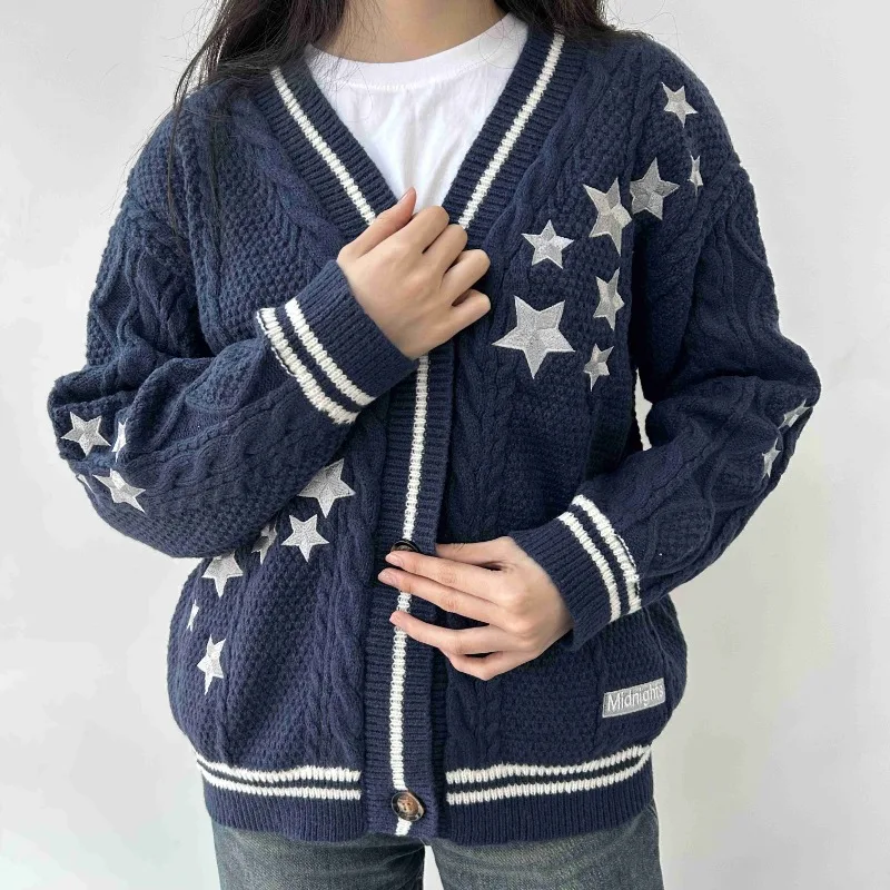 Dark Blue Midnight Cardigan Women with Stars V-neck Knitted Sweater Long Sleeves Warm Comfortable Knit Cardigan Female Autumn