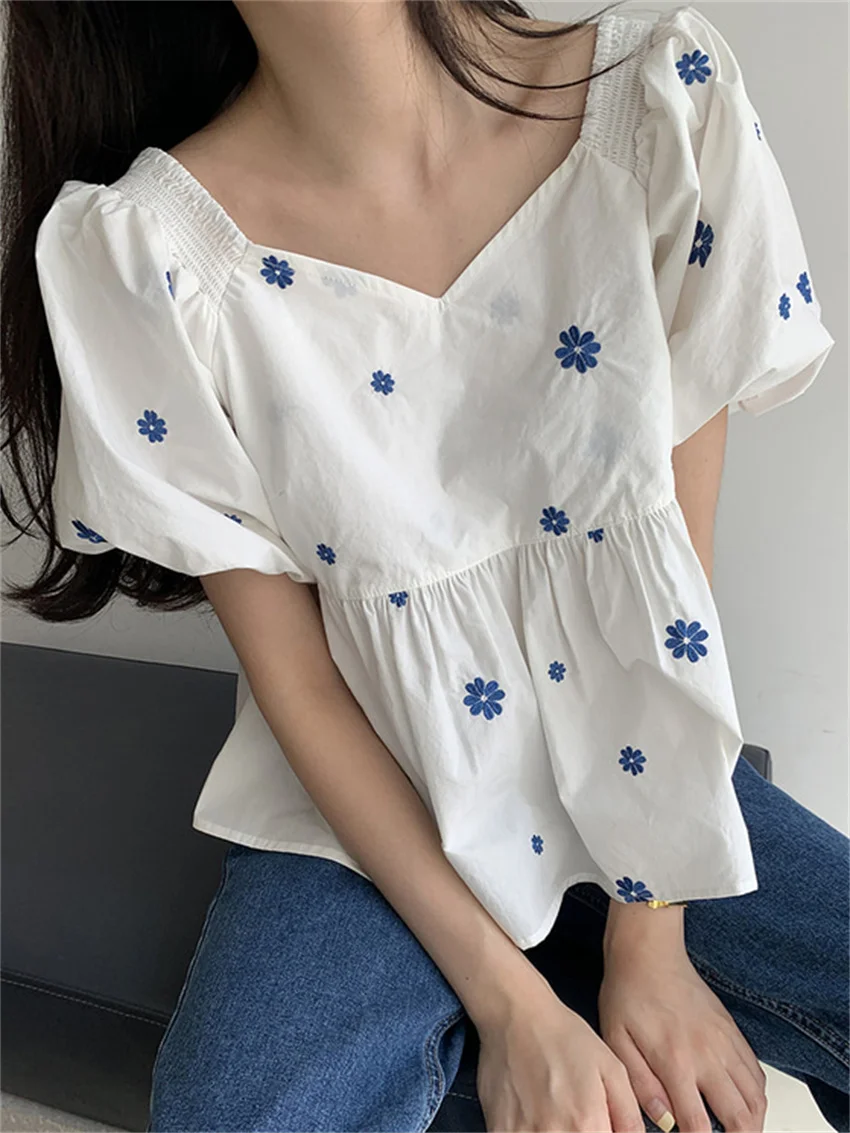 Alien Kitty Summer V-Neck Loose Puff Sleeves Flowers Girls 2022 Slim New Sweet Femme Florals Prom High Waist Chic Blouses Shirts