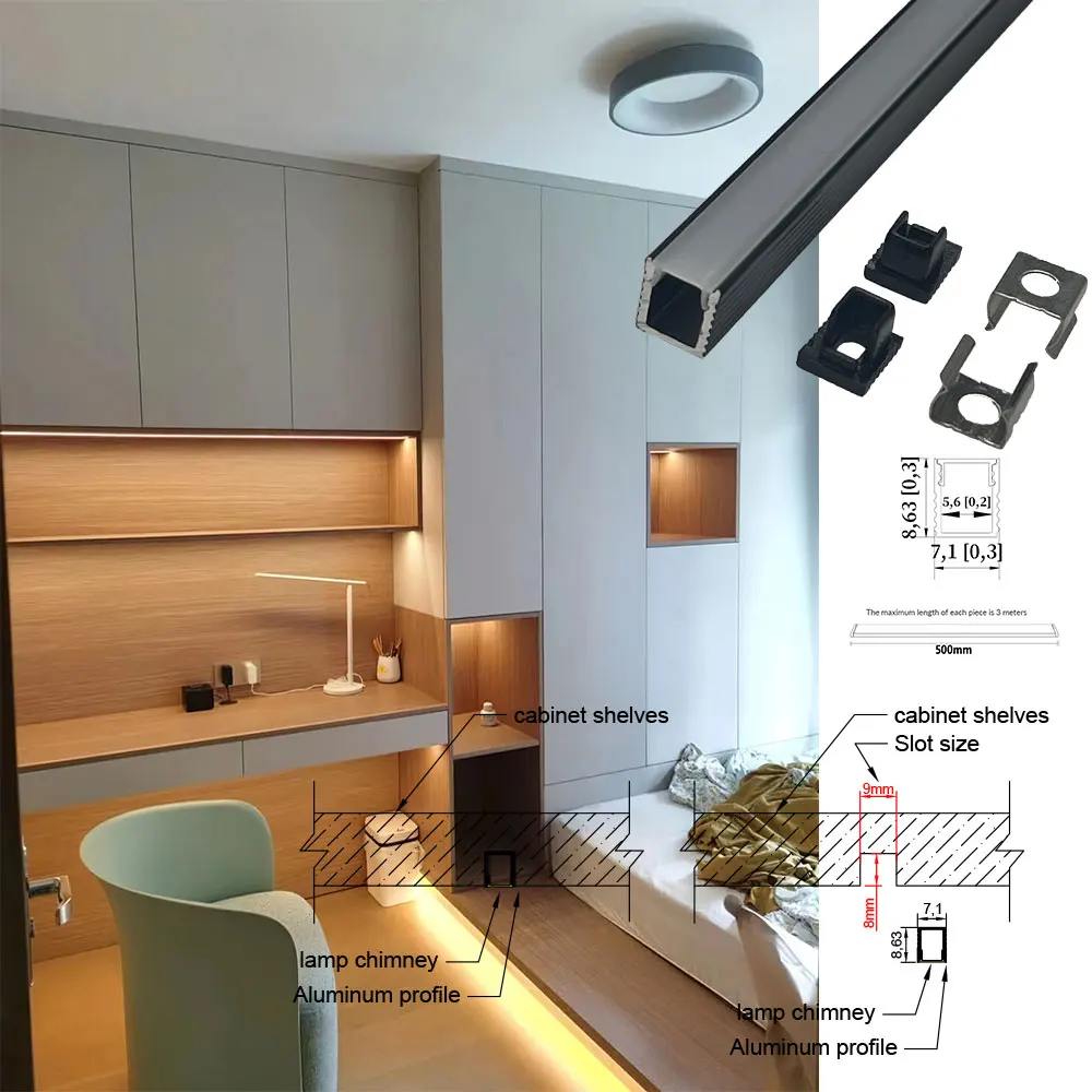 8x9mm (5szt) 0,5m Aluminiowe profily taśm LED: idealne do oświetlenia szafek, szafek i półek na wino