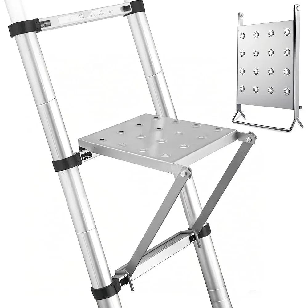 Plataforma de trabajo de escalera de alta resistencia, sistema de bandeja de herramientas antideslizante, clasificación de peso de 400 libras, estabilizador ajustable, plato magnético, fácil acceso