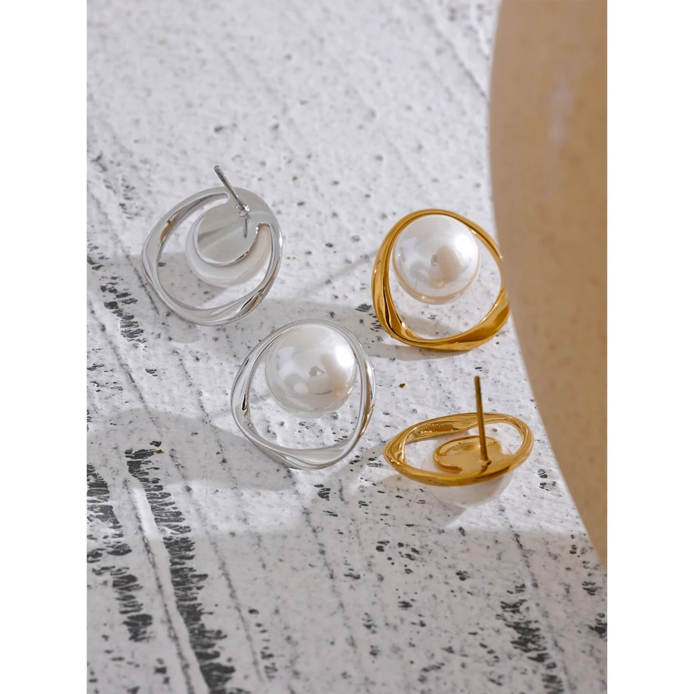 Yhpup Exquisite 316 Stainless Steel Simulated Pearls Round Hollow Stud Earrings Korean Fashion Jewelry for Women Chic Gala Gift
