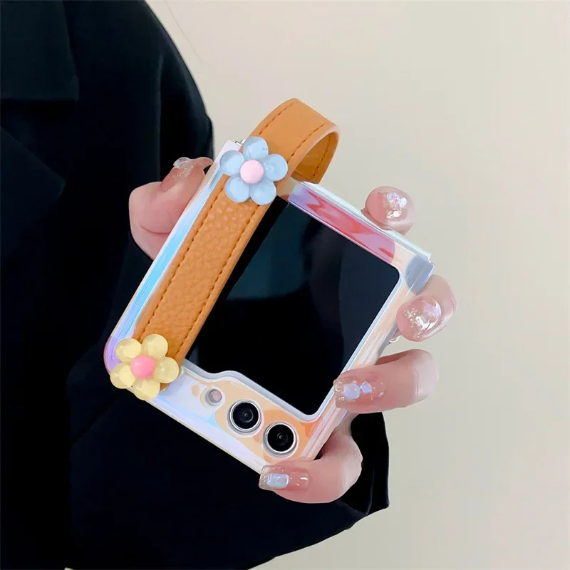 Blue Glossy Oil Painting Flower Phone Case for Samsung Galaxy Z Flip 6 5 4 3 Protective Back Cover for ZFlip4 ZFlip5 ZFlip6 Case image 3