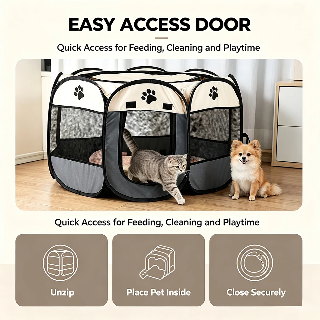 Foldable Pet Playpen with Zipper Door & Mesh Panels, Portable Indoor/Outdoor Kennel for Cats, Dogs