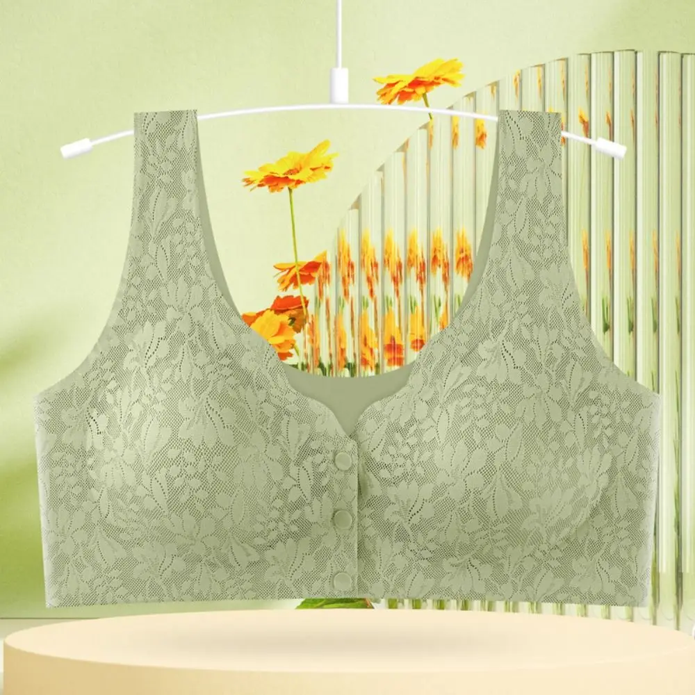 

Fashion Thin Front Button Bra Widen Straps Plus Size Lace Flower Underwear Convenient Vest Elderly Bra Lady