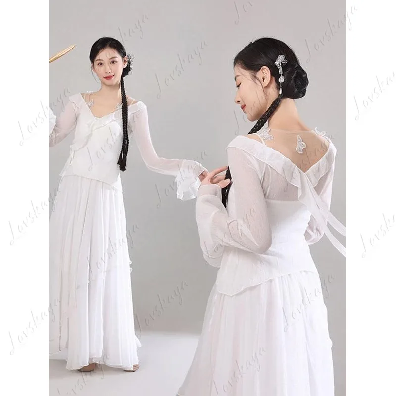 

Белый классический танцевальный костюм с широкой юбкой и веером в форме зонтика для костюма современного танца