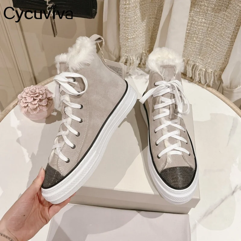 High Top Suede Flat Shoes Women Thick Sole Lace Up Casual Wool Shoes Designer Comfort Party Vacation Walking Shoes For Women