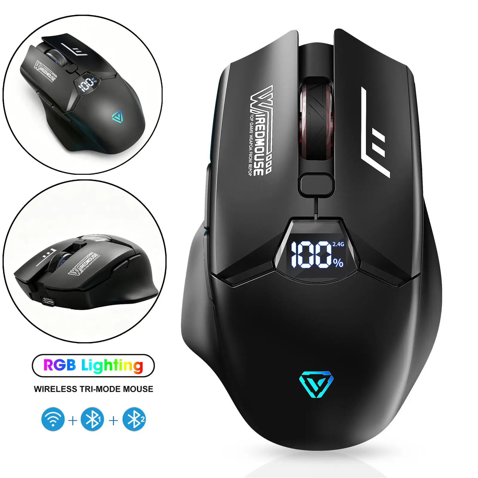

2.4G Bluetooth Dual-Mode Mouse, Wireless Charging Silent Gaming Mice, Built-in Smart Digital Display for PC Laptop Home Office
