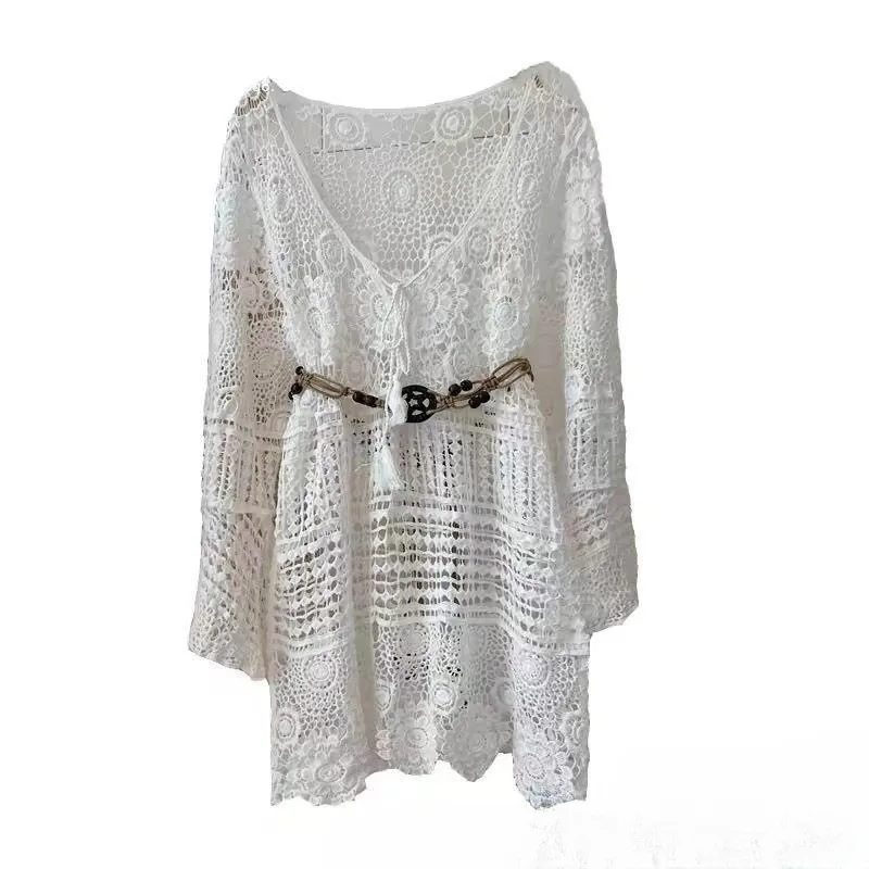 Holiday Mid-Length Hollow-Out Bell Sleeve Lace Pullover Strap Crocheted Loose Hot Springs Outer Knitted Blouse