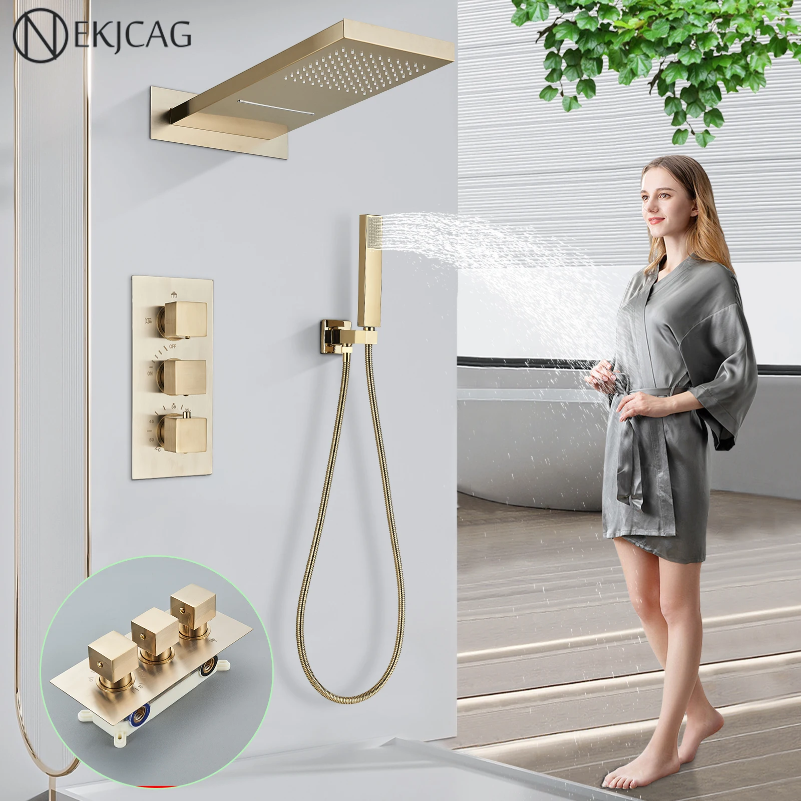 Brushed Gold Thermostatic Rain Waterfall Shower Faucet Set Concealed 3-Ways Thermostatic Mixer Tap Wall Mounted Shower System