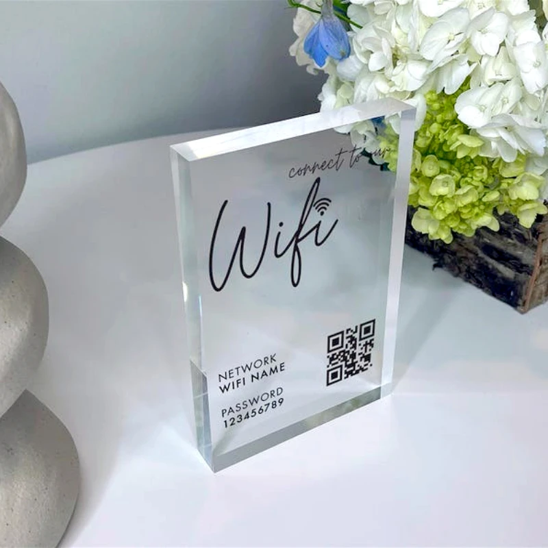 لوحة كتلة أكريليك واي فاي مع معلومات كلمة المرور ورمز الاستجابة السريعة مكتب مقهى متجر الإنترنت ضيف واي فاي كلمة المرور كتلة واي فاي