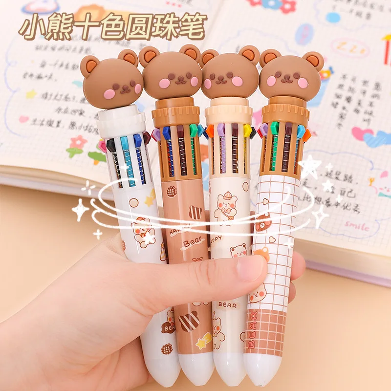 20pcs  Cartoon cute ten color ball point pen high capacity middle school students press multi-color brush question pen