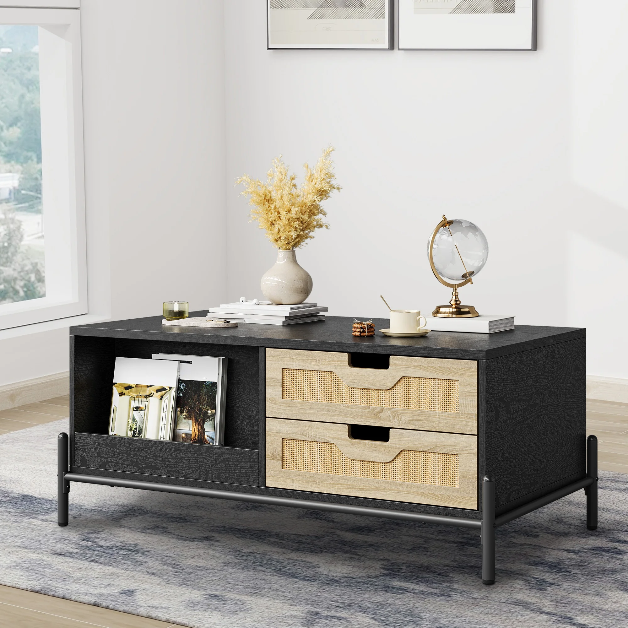 Rattan Coffee Table, Small LED Console Table with 4 Drawers and 2 Open Drawers, Modern Center Table, Wooden Rectangular Cocktail Table with Metal Legs for Living Room, Black