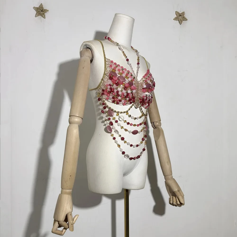 RM Beaded Bra Backless Women Vest Neck Sexy Corset Body Chain Lingerie Outerwear Spice Girls Bustier