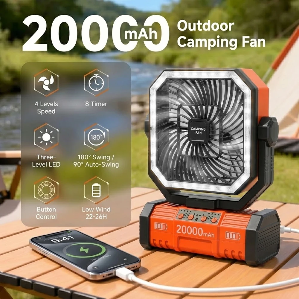 

Camping Ceiling Fan 20000Mah Rechargeable Camping Circulator with Light and Remote Control Cool Air Circulation Camping Fan