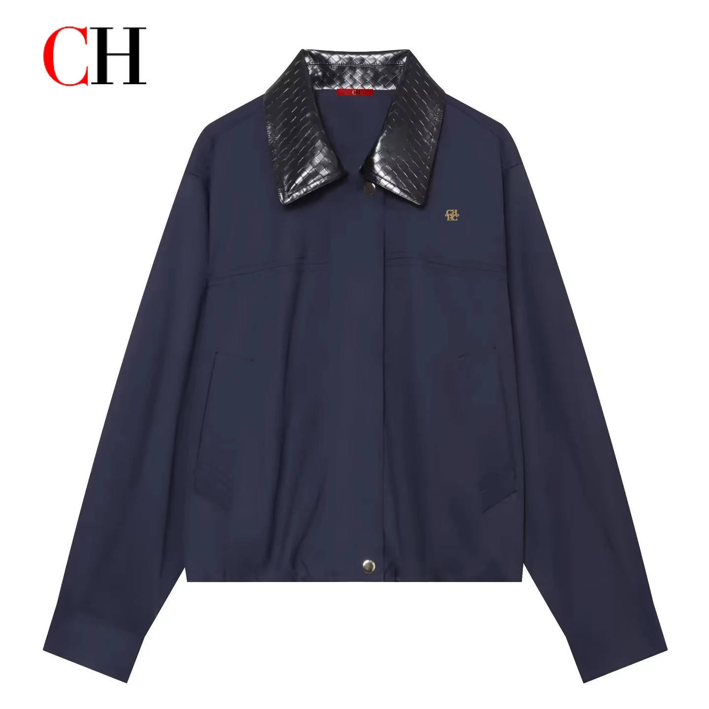 CH Contrast Woven Texture Collar Cropped Jacket Hidden Snap Button Placket Patch Pockets Drop Shoulder Casual Women Outerwear