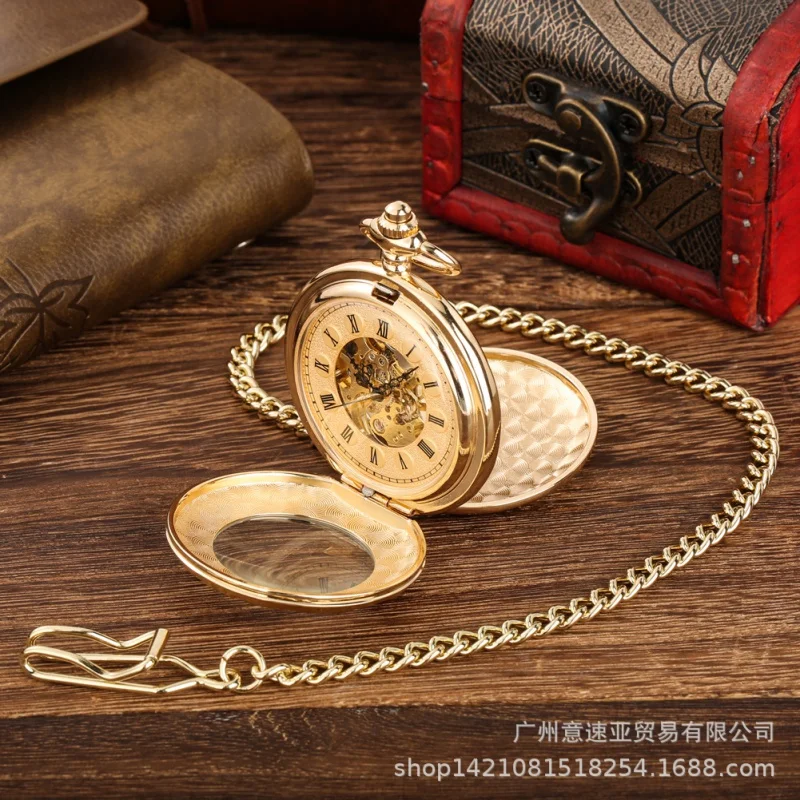 New Products in Stock Hot Sale Gold Double Open Cover Carved Vintage Manual Manipulator Large Pocket Watch Male and Female Stude