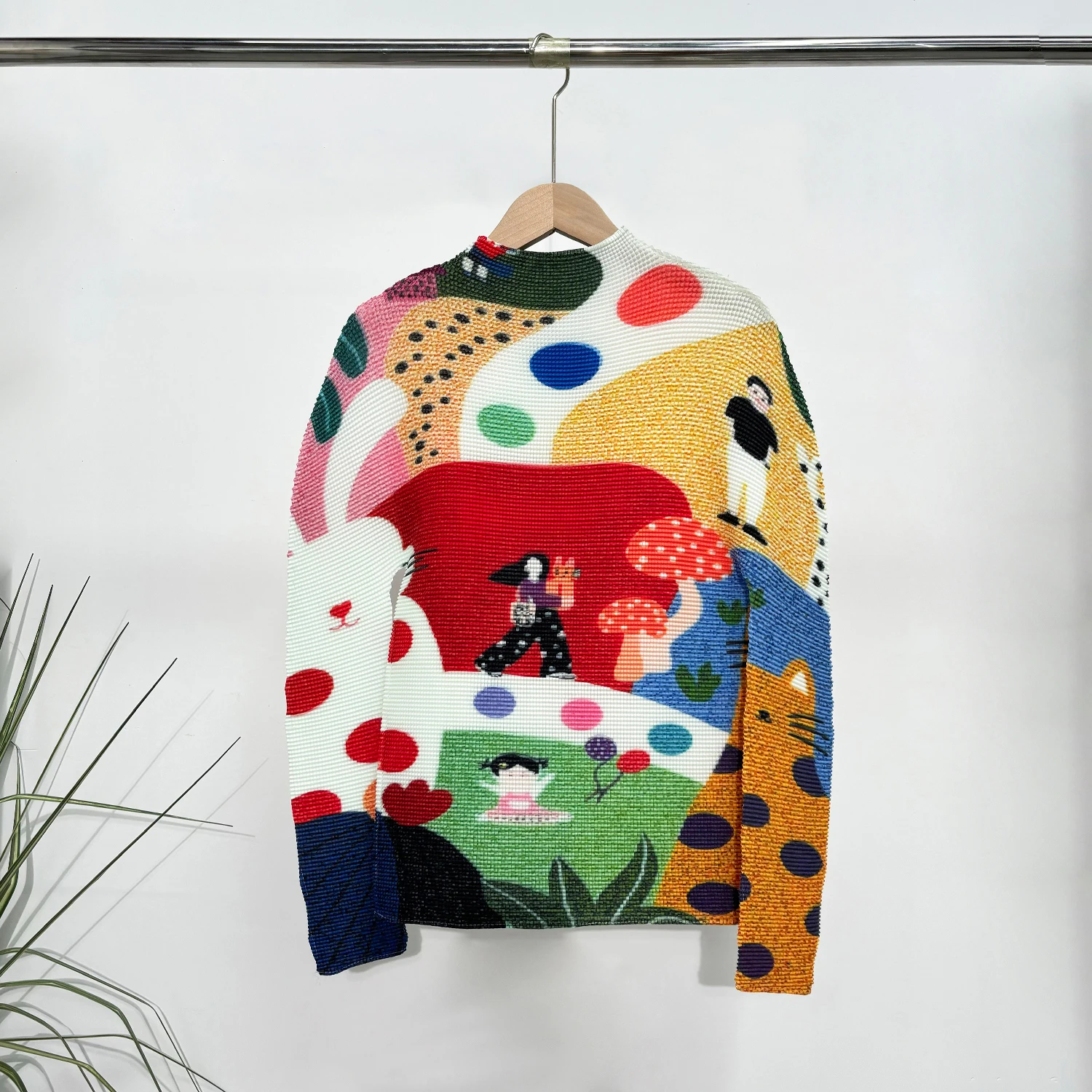 

Cartoon Print Pleated Top Women High-End Elastic Blouse Unique Artistic Design Comfortable Stylish for Daily Party Wear T-shirt