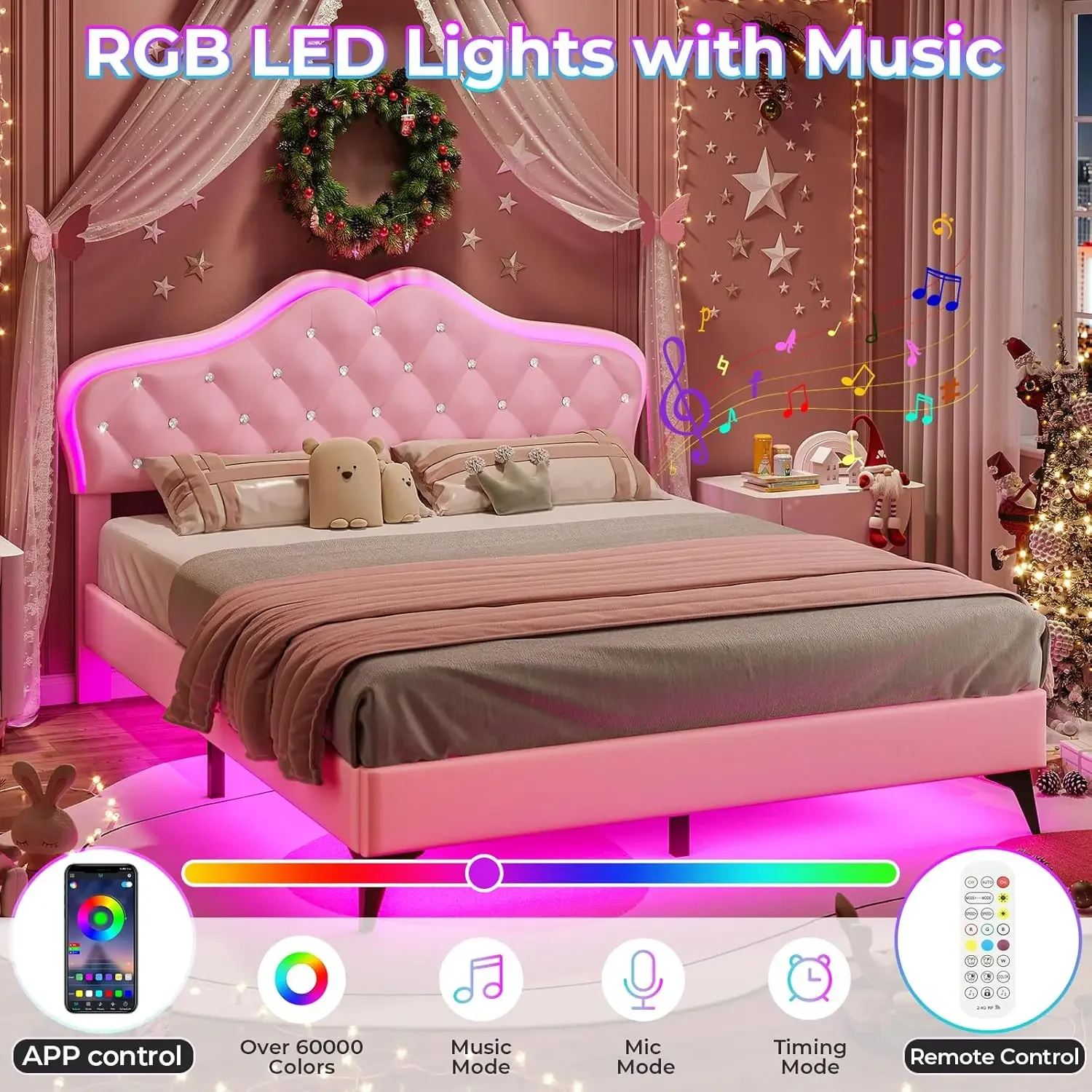 [الأسهم المحدودة! إطار سرير منجد بحجم كوين مع أضواء LED، وسرير بمنصة الأميرة للفتيات، ولوح رأسي قابل للتعديل مع صرخة