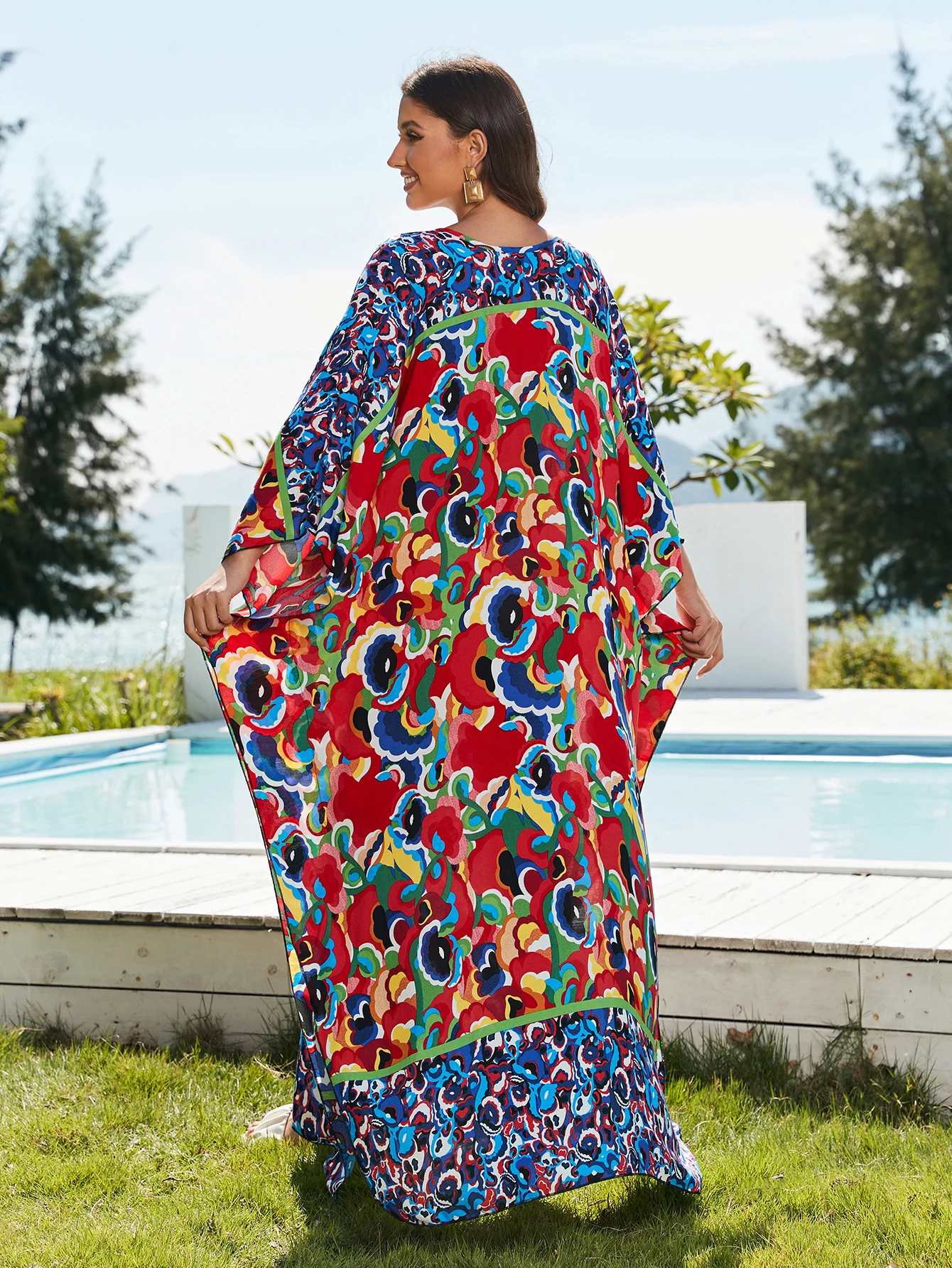 Bohemian Printed Fashionable Sexy V Neck Long Sleeve Dress For Women 2024 Summer Women Plus Size Wear Maxi Dresses Q1591