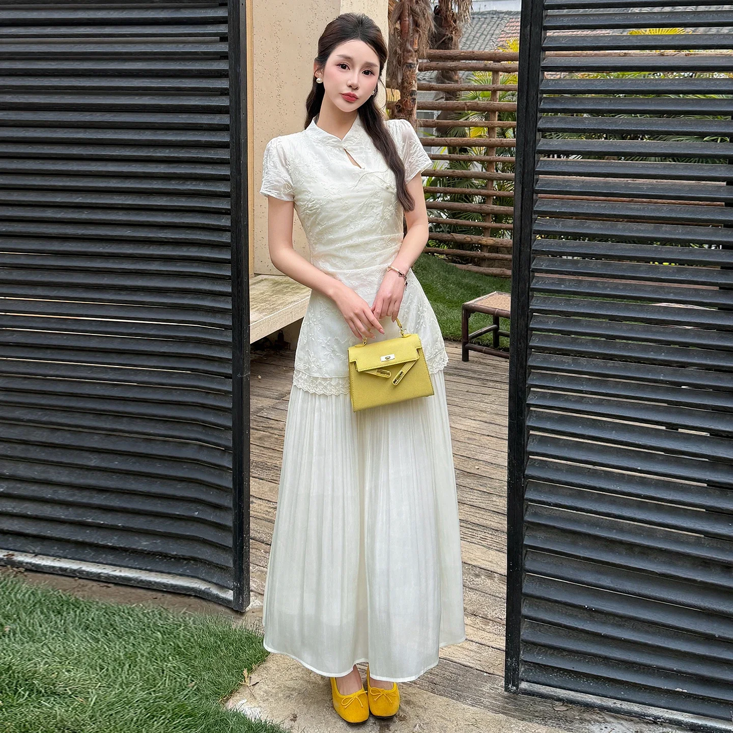 Lace Embroidery Spliced Maxi Skirt for Summer Casual Wear New Chinese Style Modified Qipao Dress, Short Sleeve Frog Buttons
