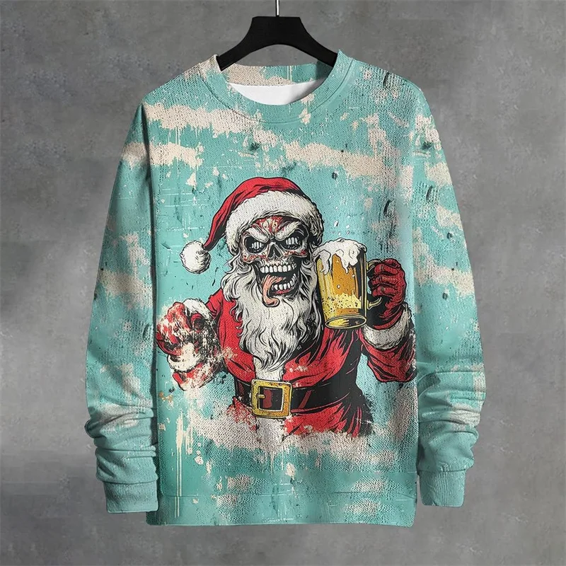 Funny Santa Claus Pattern Sweatshirts For Men Christmas 3D Printed Pullover Autumn Oversized O-Neck Hoodies Long Sleeves y2k Top