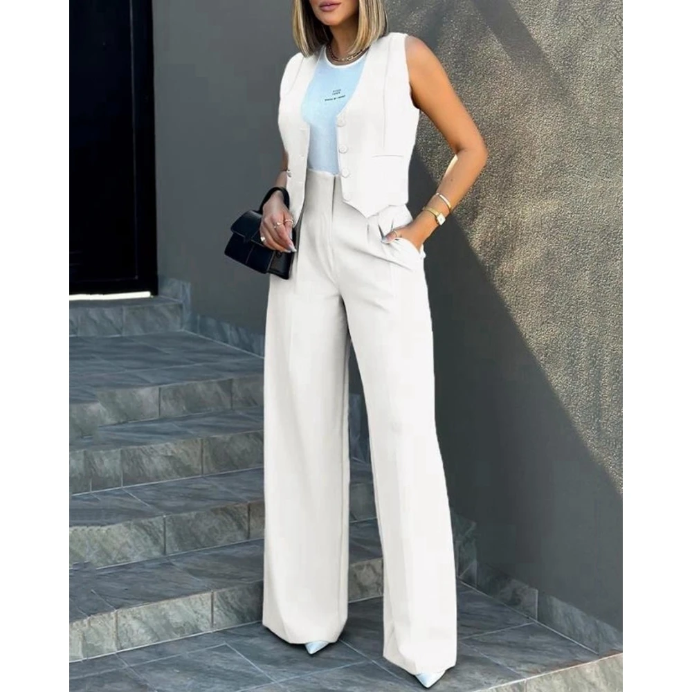 Ensembles Femme Buttoned V-Neck Waistcoat Top & Wide Leg Pants Sets Business Attire for Women Summer 2 Pieces Pants Set Workwear