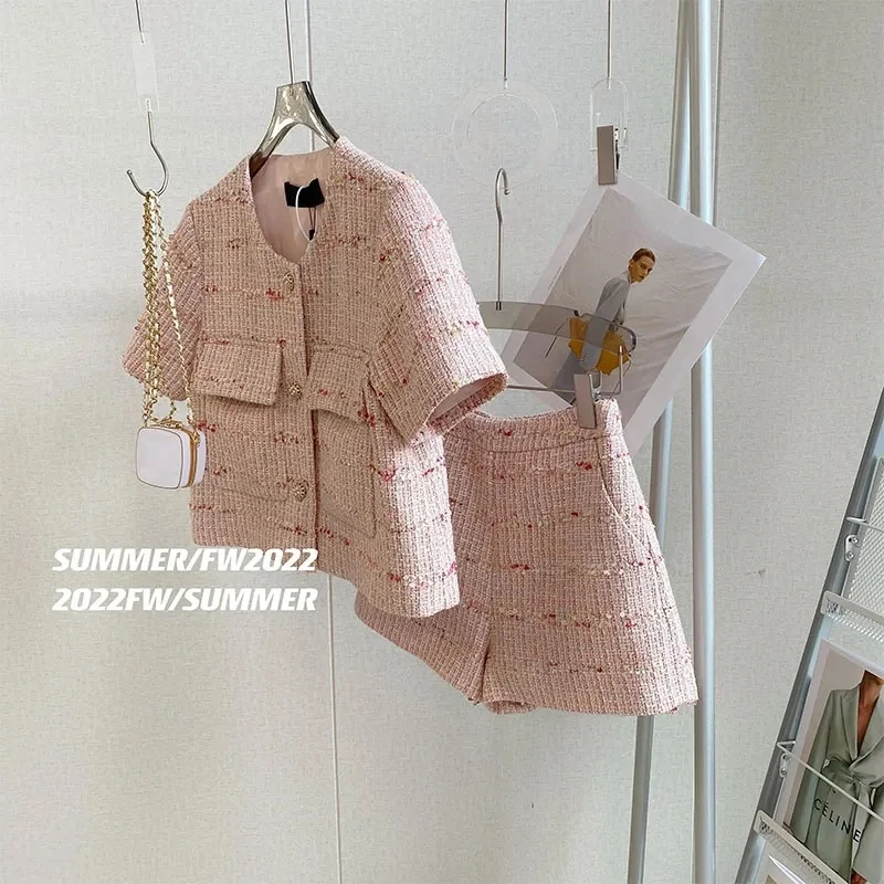 Shorts Sets 2 Piece  Womens Outifits O Neck Pink Tweed Jacket Femme Crop Cardigan Tops Korean Coat Short Pant Suit